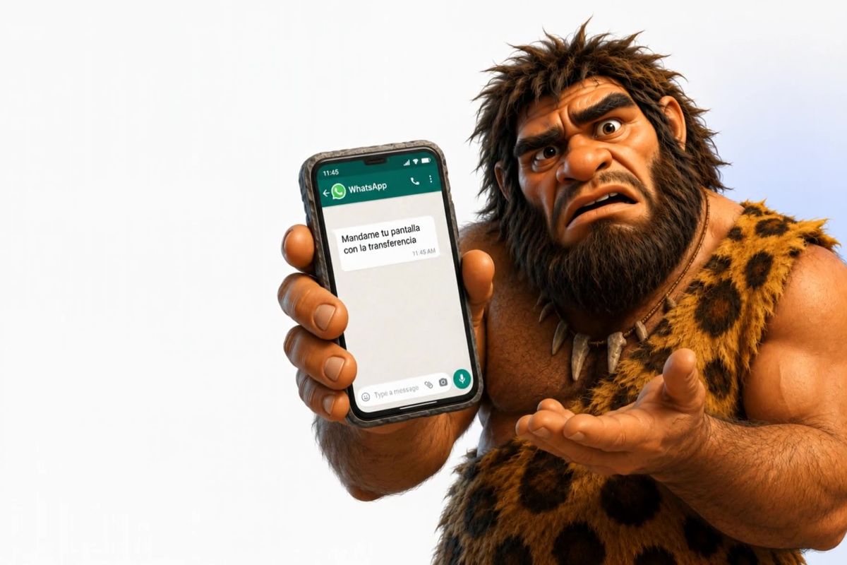Un cavernícola confundido muestra un WhatsApp que dice: mándame tu pantalla con la transferencia.
